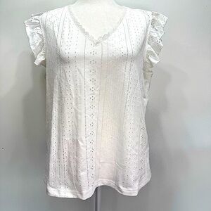 NEW White Knit Eyelet Lace Trimmed V Neck Top with Flutter Sleeves Size Large